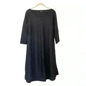 Eileen Fisher Dark Gray Wool Knit Dress Medium Petite Lagenlook 3/4 Sleeves